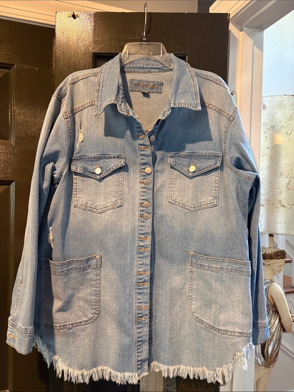 Maurices Light Blue Distressed Denim Jacket with Frayed Hem